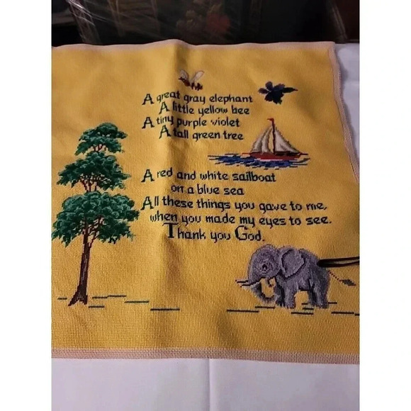 VTG Yellow Elephant Bee Tree Needlecraft Needlepoint Nursery Kids Prayer - Picture 10 of 15